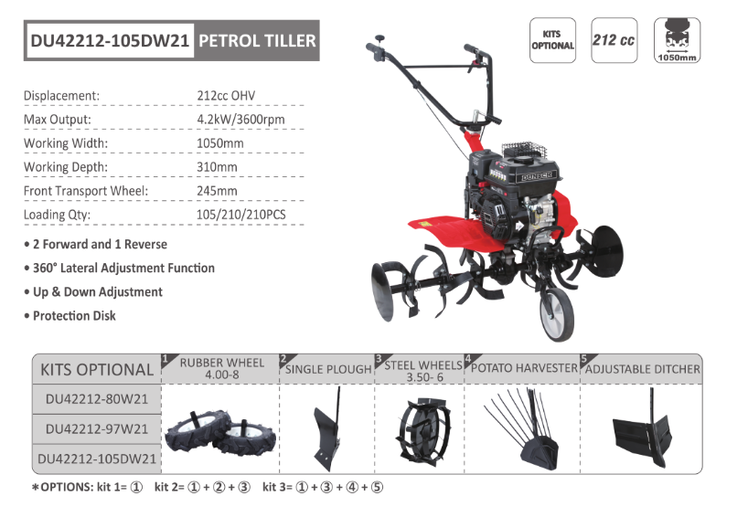 Motozappa con motore a scoppio 212 cc OHV larghezza di lavoro 105 cm - DUNSCH - DU42212-105DW21