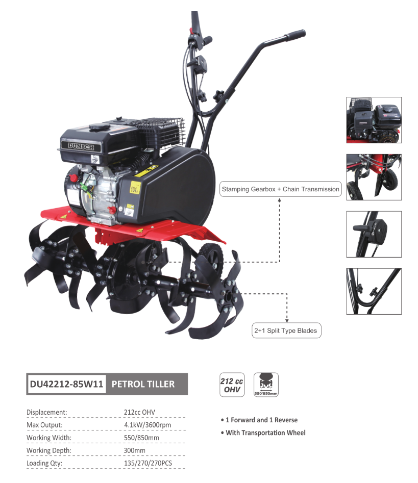 Motozappa con motore a scoppio 212 cc OHV potenza 5.2 kW / 7 hp - DUNSCH - DU42212-85W11