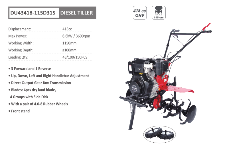 Motozappa con motore diesel 418 cc avviamento a strappo potenza 6.6 kW - DUNSCH - DU43418-115D31S