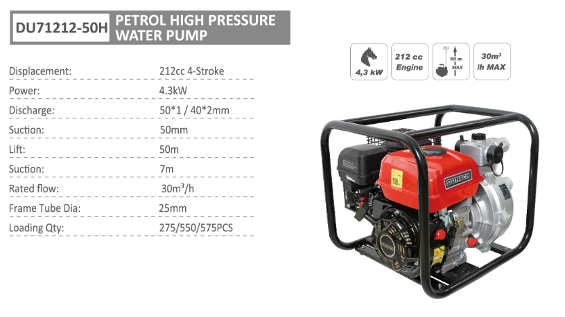 Motopompa acqua ad alta pressione con motore 4 tempi 212 cc - DUNSCH - DU71212-50H