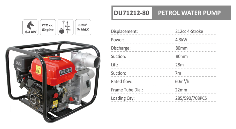 Motopompa acqua con motore 4 tempi 212 cc - diametro scarico 80 mm - DUNSCH - DU71212-80