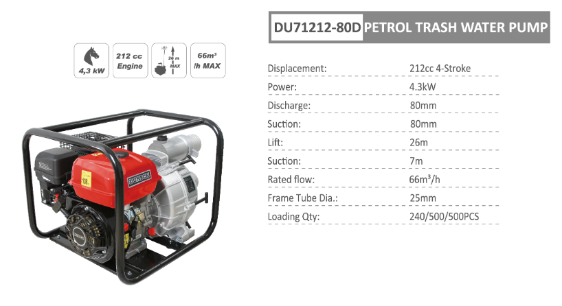 Motopompa acque scure con motore 4 tempi 212 cc - diametro scarico 80 mm - DUNSCH - DU71212-80D